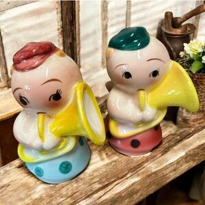 Vintage Tiny Angel Blowing Horn Salt and Pepper Shakers
